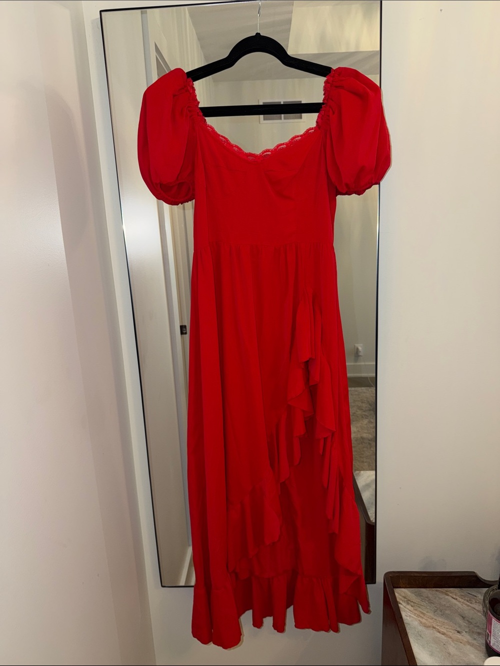 Cider Red Puff-Sleeve Ruffle Maxi Dress